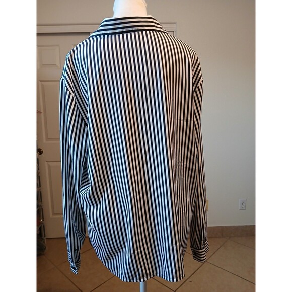 Notations Black White Striped Blouse XL Button Front Long-Sleeve Career Office - Picture 3 of 14
